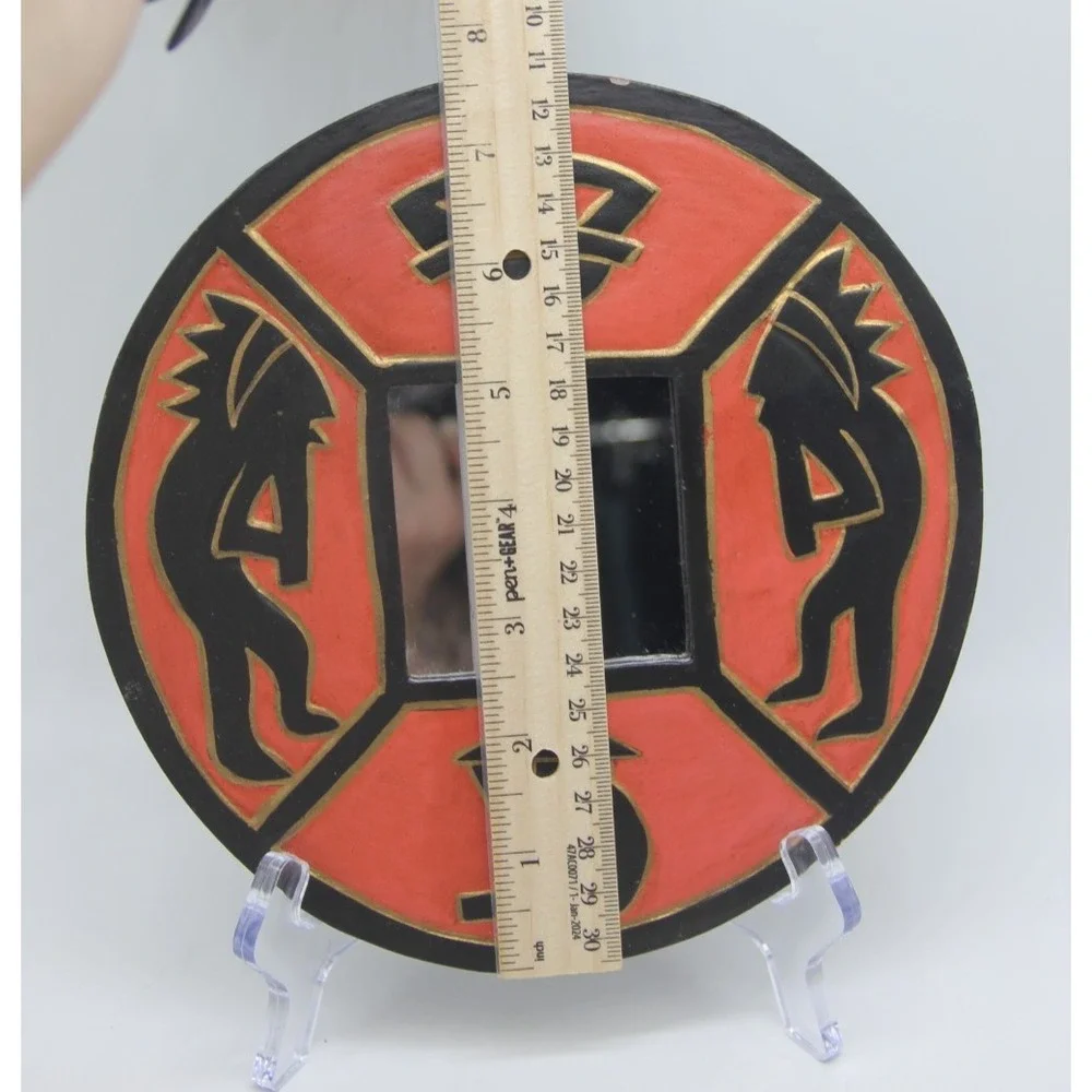 Vintage 90's Red Kokopelli Wall Mirror Boho Decor Hand Painted Indonesia 7.5